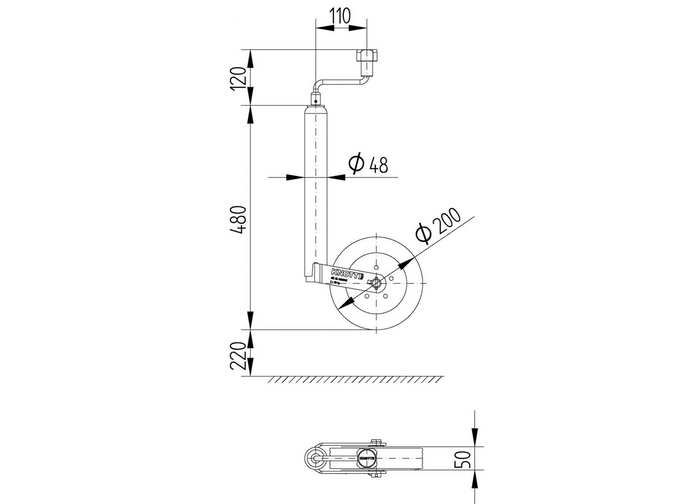 Oporné koleso KNOTT TK48 150 kg 48 mm 480-700 mm